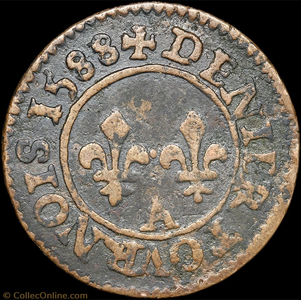 monnaie france royale cgkl 92 henri iii denier tournois 1588 a paris