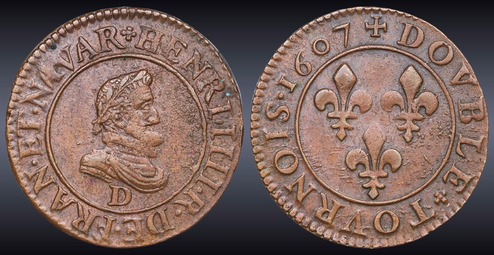 CGKL 202.B - Henri IV - Double tournois 1607 D Lyon monnaies europe medievale a france royales cgkl 202 b henri iv double tournois 1607 d lyon