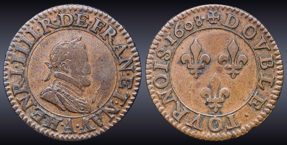 CGKL 222 - Henri IV - Double tournois 1608 A Paris monnaies europe medievale france royales cgkl 222 henri iv double tournois 1608 a paris