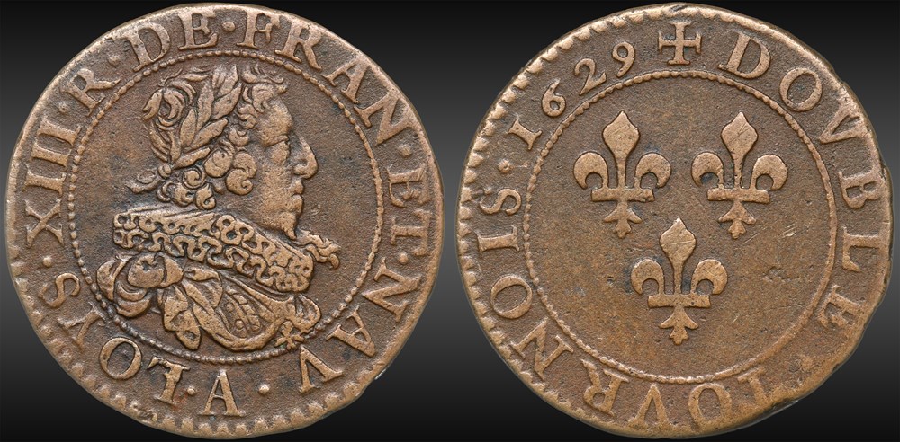 CGKL 396 - Louis XIII - Double tournois 1629 A Paris monnaie france royale cgkl 396 louis xiii double tournois 1629 a paris