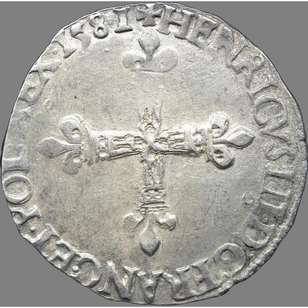 Henri III - Quart d'écu, croix de face - 1581 "9" Rennes monnaie france royale henri iii quart ecu croix de face 1581 9 rennes