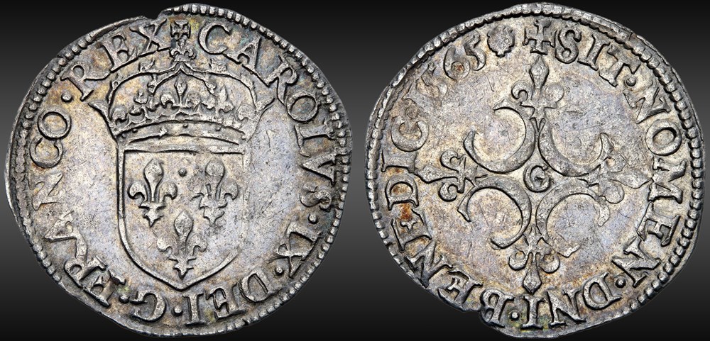 Charles IX (1560-1574) - Sol parisis - 1565 G Poitiers monnaies europe medievale france royales charles ix 1560 1574 sol parisis 1565 g poitiers