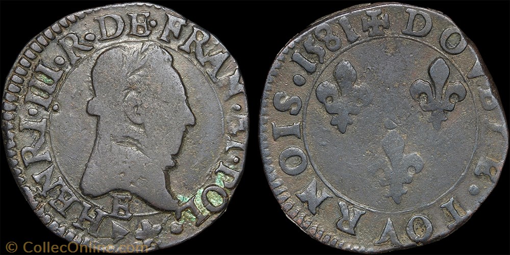 CGKL 128 - Henri III - Double tournois 1581 E Tours monnaie france a royale cgkl 128 henri iii double tournois 1581 e tours