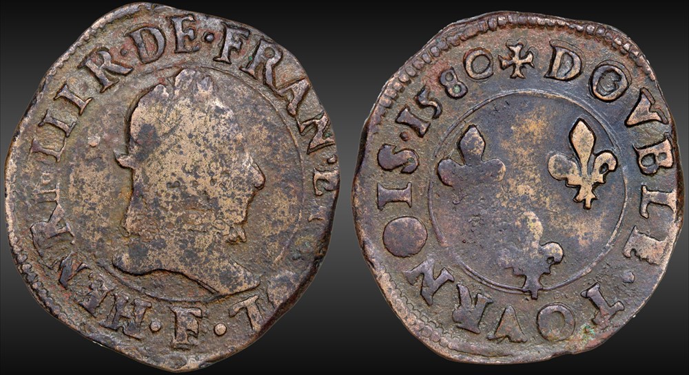 CGKL 10 - Henri III - Double tournois 1580 F Angers monnaies france royales cgkl 10 henri iii double tournois 1580 f angers