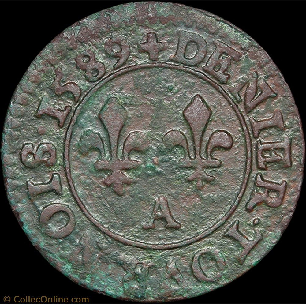 monnaie france royale cgkl 92 henri iii denier tournois 1589 a paris