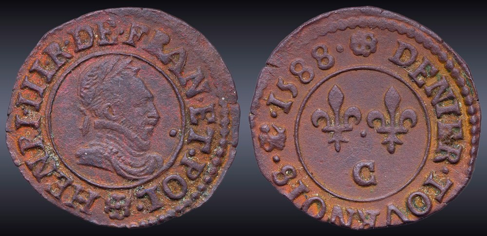 CGKL 122 - Henri III - Denier tournois 1588 C Saint-Lô monnaies europe medievale france royales cgkl 122 henri iii denier tournois 1588 c saint lo