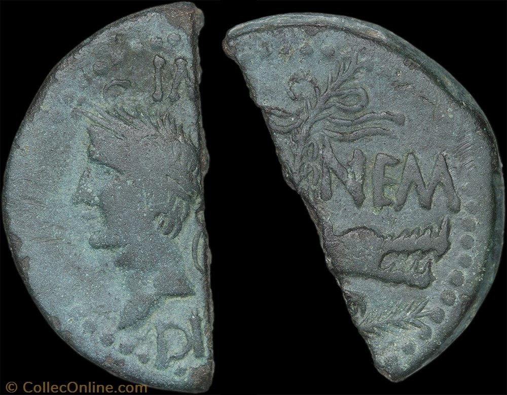 Auguste et Agrippa - Dupondius coupé en 2 (as) - Nîmes monnaie antique av jc ap romaine auguste et agrippa dupondius coupe en 2 as nimes