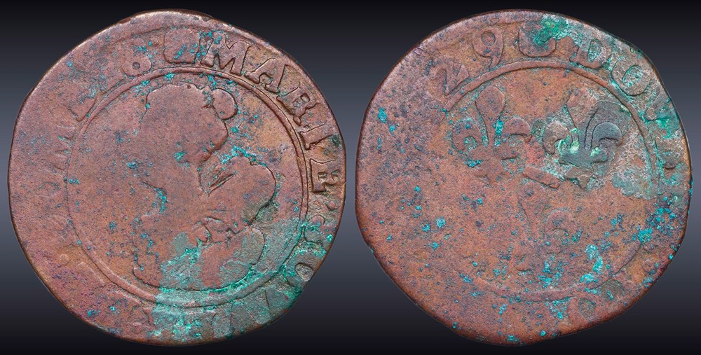 monnaies europe medievale france feodales cgkl 728 dombes marie de bourbon montpensier 1608 1627 double tournois 1629