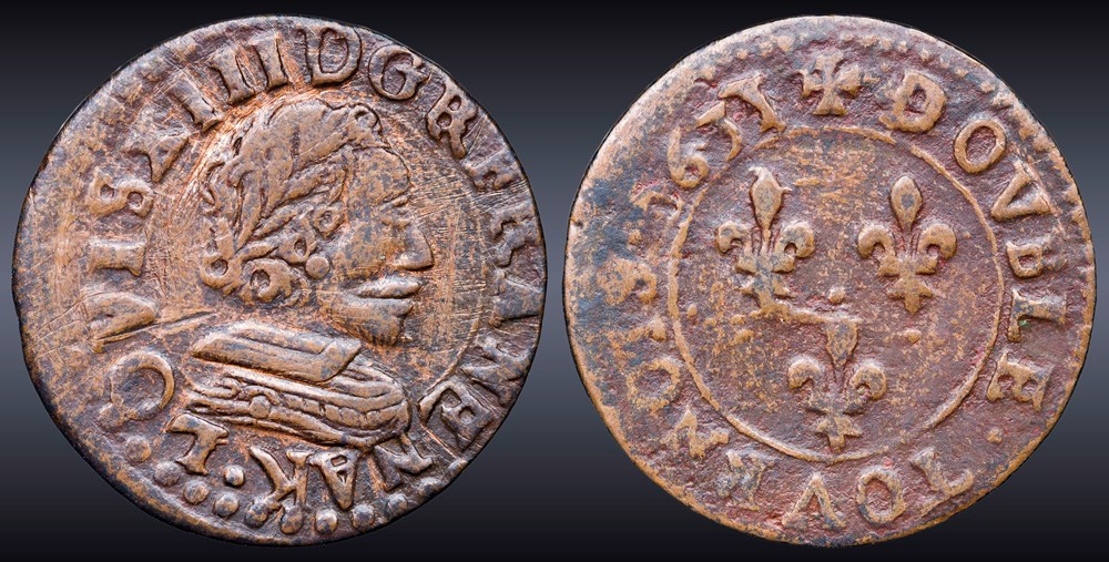 CGKL 292 - Louis XIII - Double tournois 1637 K Bordeaux monnaies europe medievale france royales cgkl 292 louis xiii double tournois 1637 k bordeaux