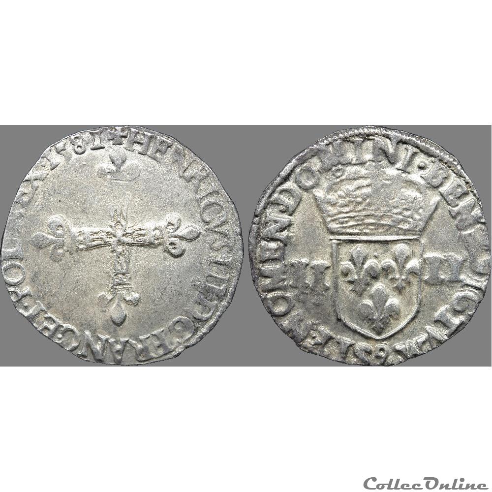 Henri III - Quart d'écu, croix de face - 1581 "9" Rennes 3 monnaie france royale henri iii quart ecu croix de face 1581 9 rennes
