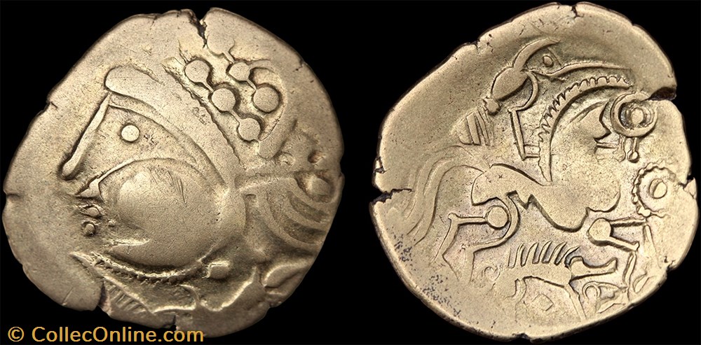 Aulerques Eburovices - Hémistatère au sanglier et à l'annelet pointé monnaie antique av jc ap gauloise aulerques eburovices hemistatere au sanglier et a annelet pointe