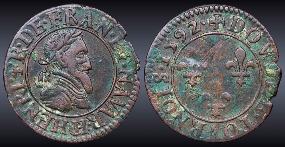 CGKL 166 - Henri IV - Double tournois 1592 CH Châlons-sur-Marne monnaies europe medievale france royales cgkl 166 henri iv double tournois 1592 ch chalons sur marne