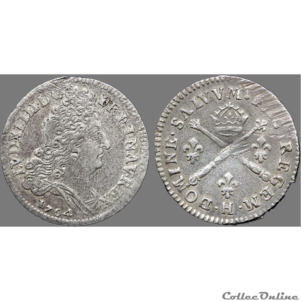 Louis XIV - Dix sols aux insignes - 1704 H La Rochelle 3 monnaie france royale louis xiv dix sols aux insignes 1704 h la rochelle
