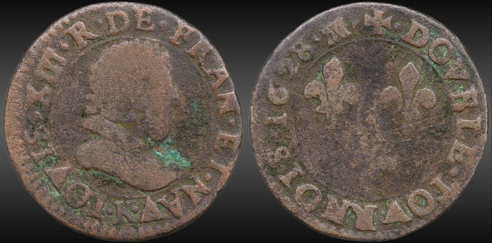 CGKL 282 - Louis XIII - Double tournois 1628 K Bordeaux monnaies france royales cgkl 282 louis xiii double tournois 1628 k bordeaux