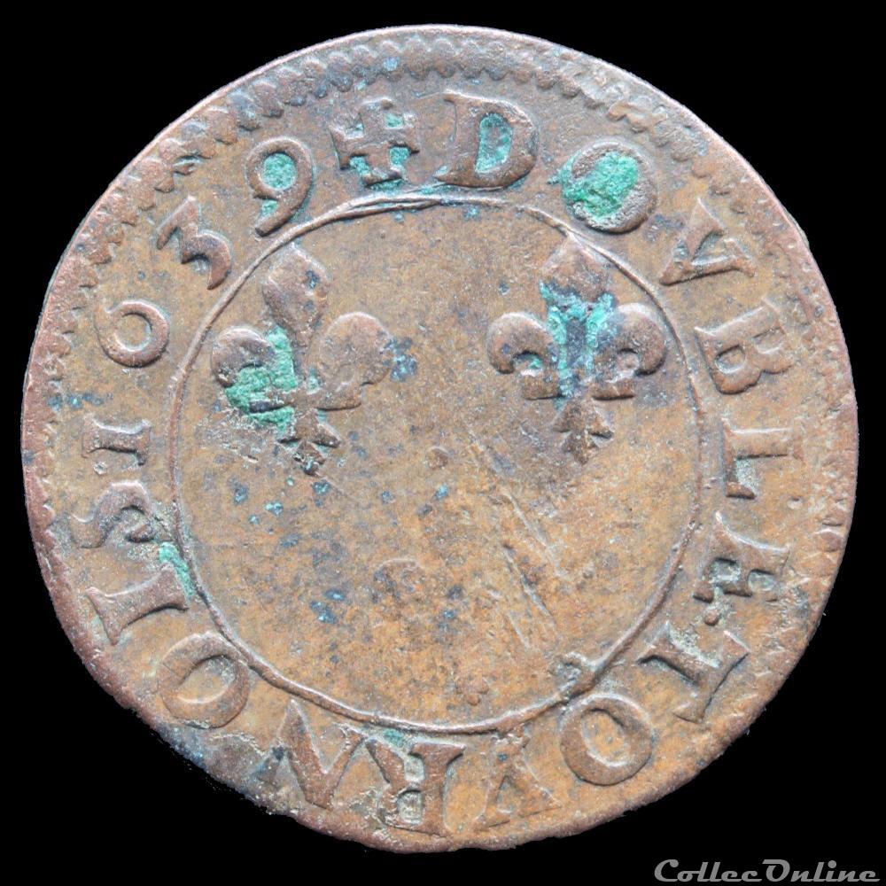 CGKL 434 A - Louis XIII - Double tournois 1639 B Rouen 3 monnaie france royale cgkl 434 a louis xiii double tournois 1639 b rouen