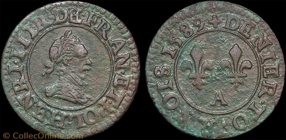monnaie france royale cgkl 92 henri iii denier tournois 1589 a paris