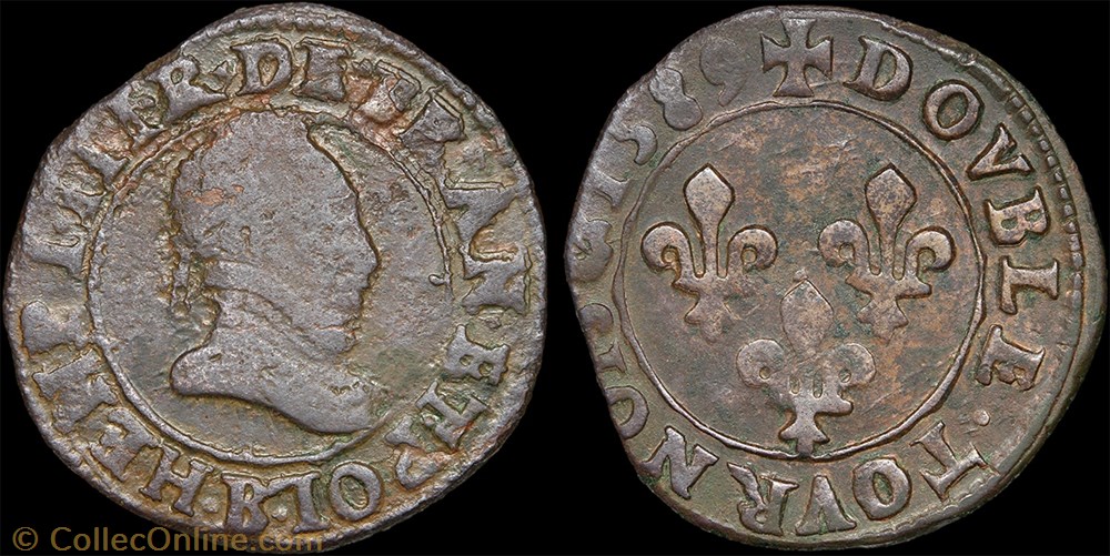 CGKL 112.D - Henri III - Double tournois 1589 B Rouen monnaie france a royale cgkl 112 d henri iii double tournois 1589 b rouen
