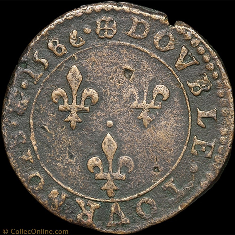 CGKL 118 - Henri III - Double tournois 1586 C Saint-Lô 3 monnaie france royale cgkl 118 henri iii double tournois 1586 c saint lo