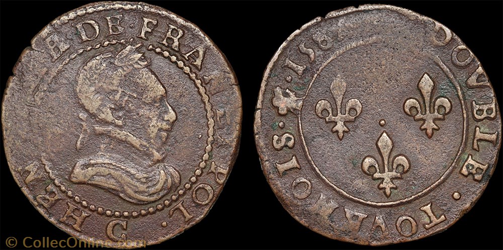 CGKL 118 - Henri III - Double tournois 1585 C Saint-Lô monnaie france royale cgkl 118 henri iii double tournois 1585 c saint lo