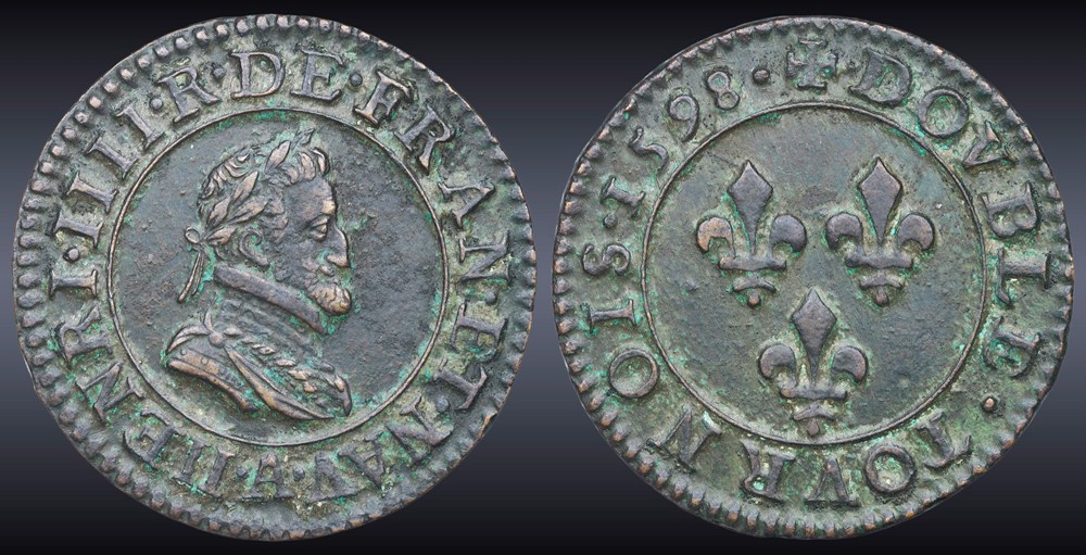 CGKL 222 - Henri IV - Double tournois 1598 A Paris monnaies europe medievale france royales cgkl 222 henri iv double tournois 1598 a paris