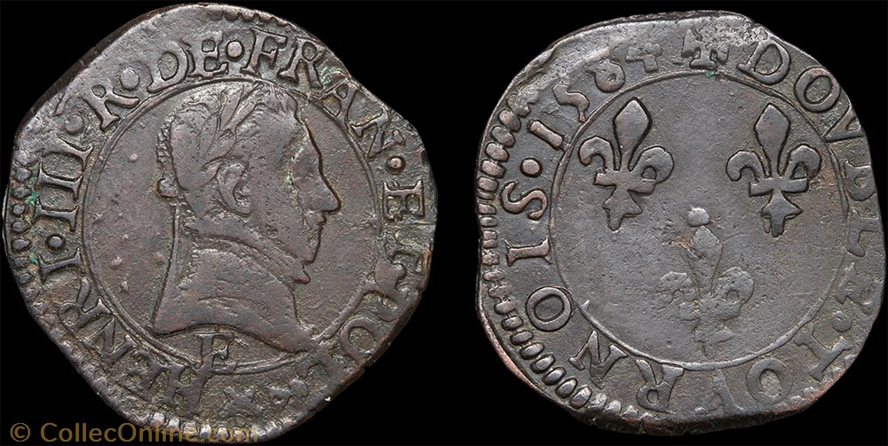 CGKL 128 - Henri III - Double tournois 1584 E Tours monnaie france a royale cgkl 128 henri iii double tournois 1584 e tours
