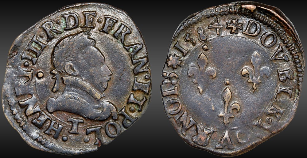 CGKL 74 - Henri III - Double tournois 1584 T Nantes monnaies france royales cgkl 74 henri iii double tournois 1584 t nantes