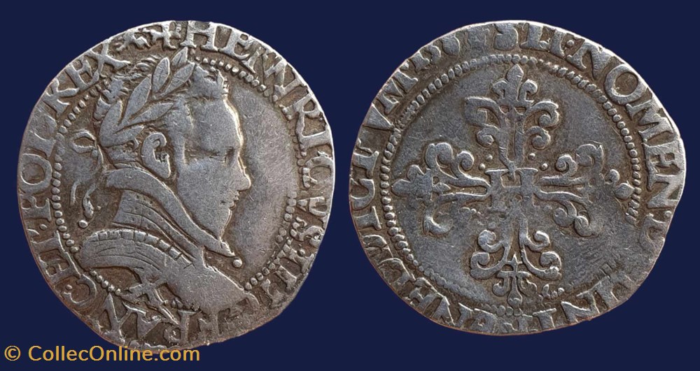 HENRICVS. III. D. G. FRANC. ET. POL. REX / SIT. NOMEN. DOMINI. BENEDICTVM. 1588 monnaies europe medievale france royales henricvs iii d g franc et pol rex sit nomen domini benedictvm 1588