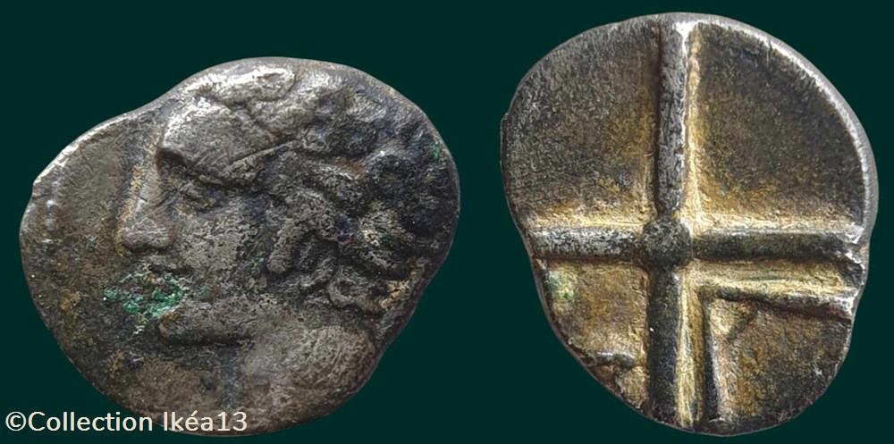 Obole MA, tête à gauche monnaies antiques celtes obole ma tete a gauche