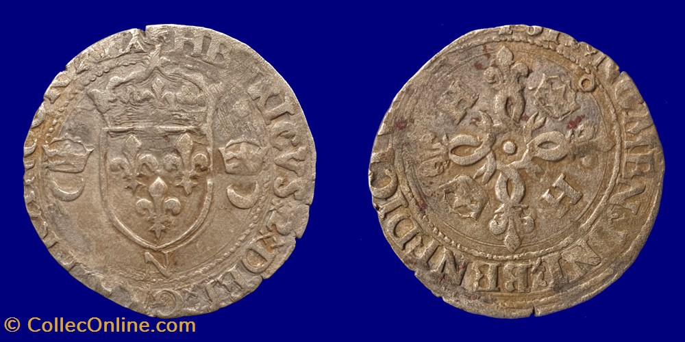 + HENRICVS. 2. DEI. GRA. FRANCOR. REX. / + SIT. NOMEN. DNI. BENEDICTVM 15??. (N) monnaies france royales henricvs 2 dei gra francor rex sit nomen dni benedictvm 15 n