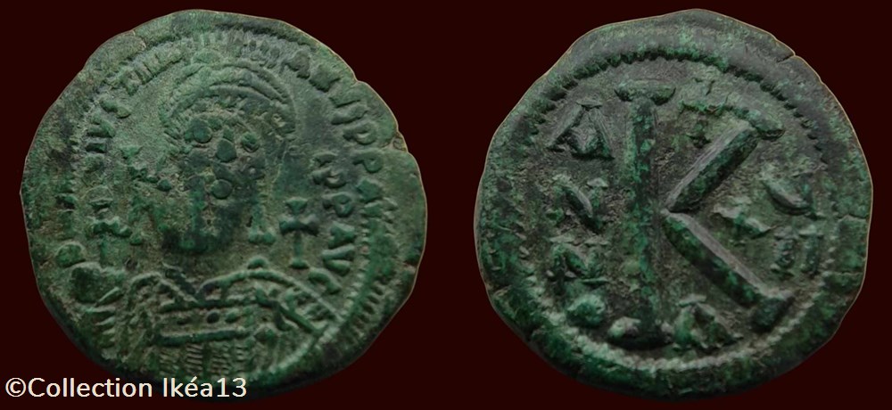 D N IVSTINIANVS P P AVI / ANNO - XII/A 2 monnaies byzantines l empire anastase maurice tibere d n ivstinianvs p p avi anno xii a