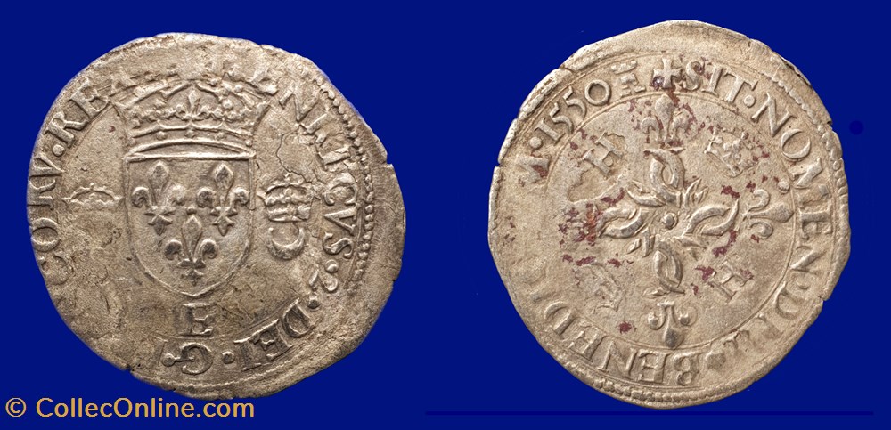 + HENRICVS. 2. DEI. G. FRANCORV. REX (TOUR) / + SIT. NOMEN. DNI (MM) BENEDICTVM. 1551 (TOUR) monnaies france royales henricvs 2 dei g francorv rex tour sit nomen dni mm benedictvm 1551 tour