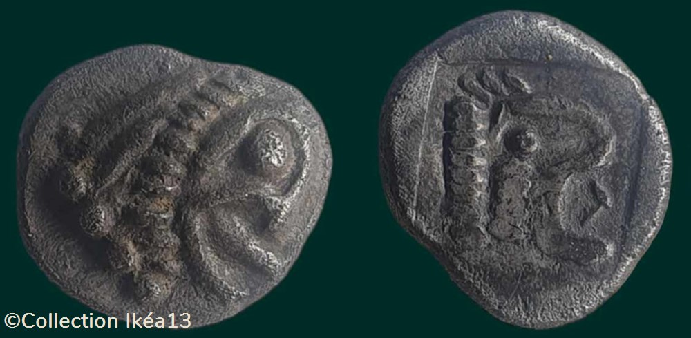 Obole à la tête de griffon et à la tête de lion - OBA-FF monnaies antiques celtes obole a la tete de griffon et a la tete de lion oba ff
