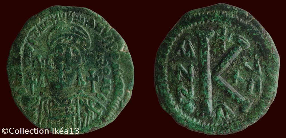 D N IVSTINIANVS P P AVI / ANNO - XII/A monnaies byzantines l empire anastase maurice tibere d n ivstinianvs p p avi anno xii a