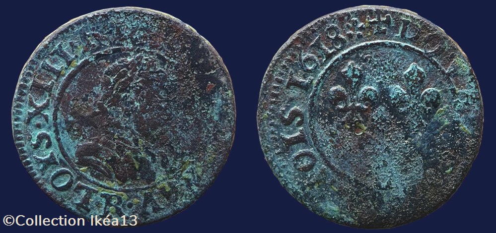 .LOYS. XIII. R. DE. FRAN. ET. NAV. - R / + DOVBLE. TOVRNOIS. 1618 monnaies europe medievale france royales loys xiii r de fran et nav r dovble tovrnois 1618