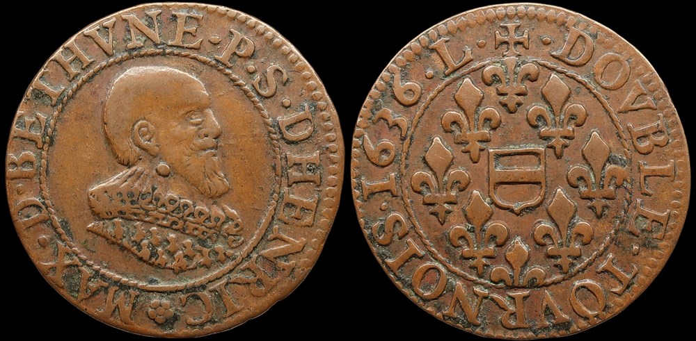 monnaies europe medievale france feodales principaute de boisbelle henrichemont double tournois de maximilien de bethune duc de sully