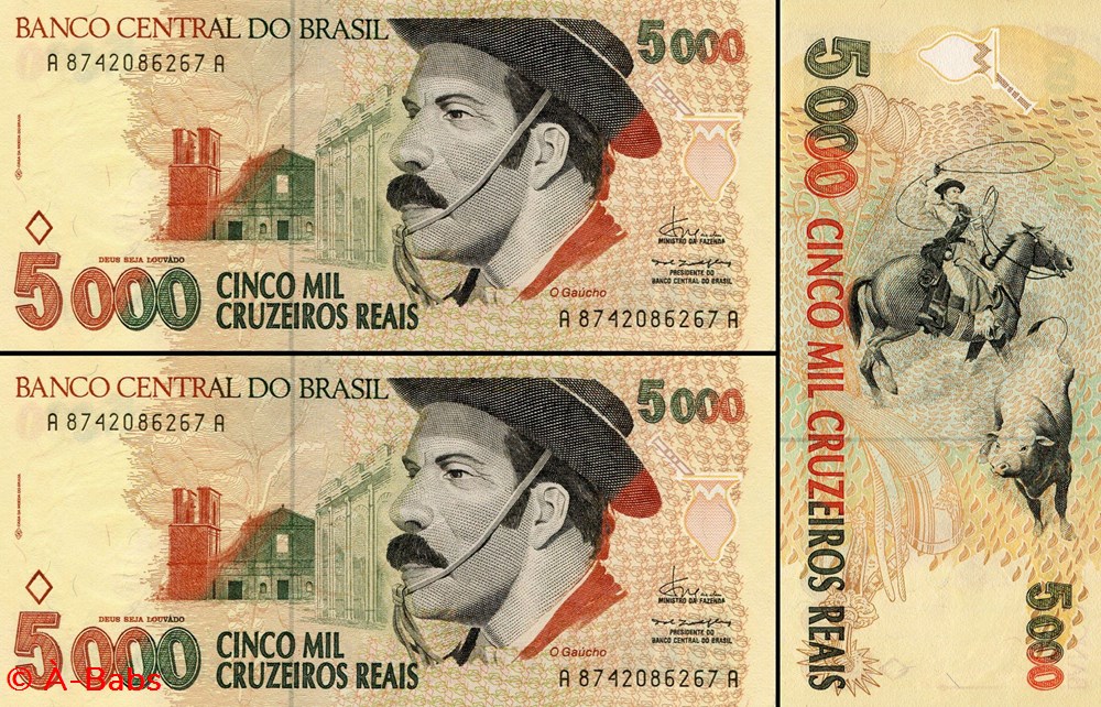 billets amerique du sud bresil pick 241 5000 cruzeiros reais 1993