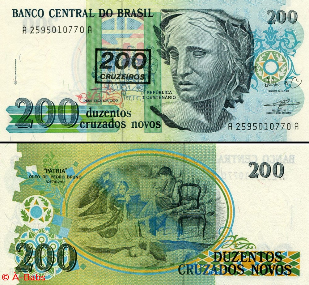 billets amerique du sud bresil pick 225b 200 cruzeiros sur 200 cruzados novos 1991