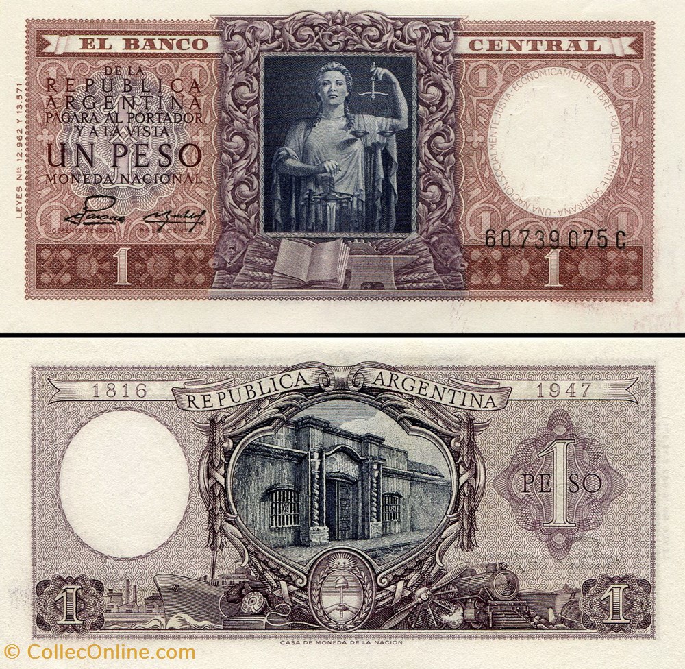 ARGENTINE - PICK 260 b - 1 PESO - 1952 billets amerique du sud argentine pick 260 b 1 peso 1952