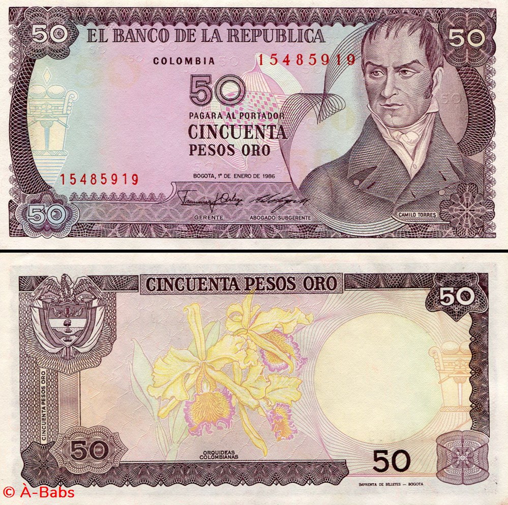 billets amerique du sud colombie pick 425 b 50 pesos de oro colombien 1986