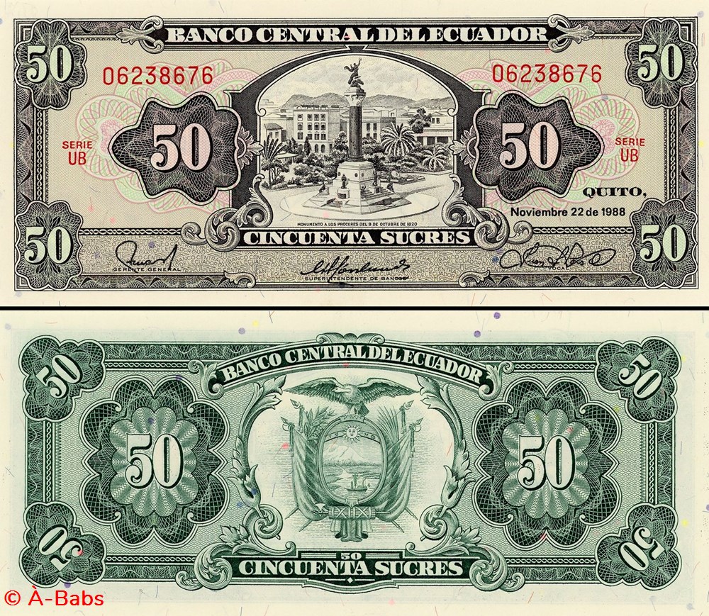 ÉQUATEUR - PICK 122 a - 50 SUCRES - 1988 billets amerique du sud equateur pick 122 a 50 sucres 1988