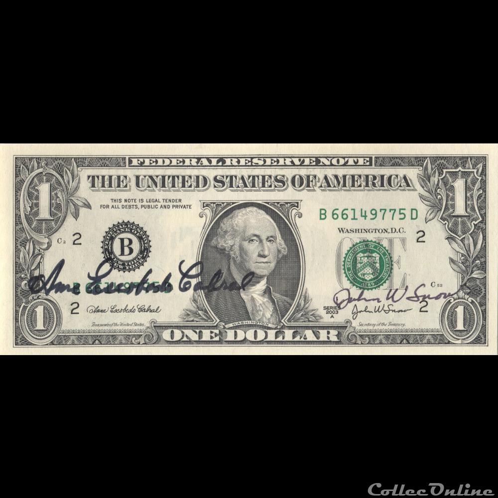 B- 1$ Federal Reserve Notes - Small Size 2003A Series - Dédicacé billet amerique du nord etat uni b 1 federal reserve notes small size 2003a series dedicace