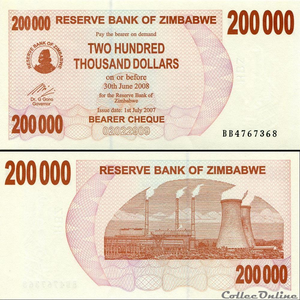 ZIMBABWE - PICK 049a - 200 000 Dollars - 2007 billet afrique zimbabwe pick 049a 200 000 dollars 2007