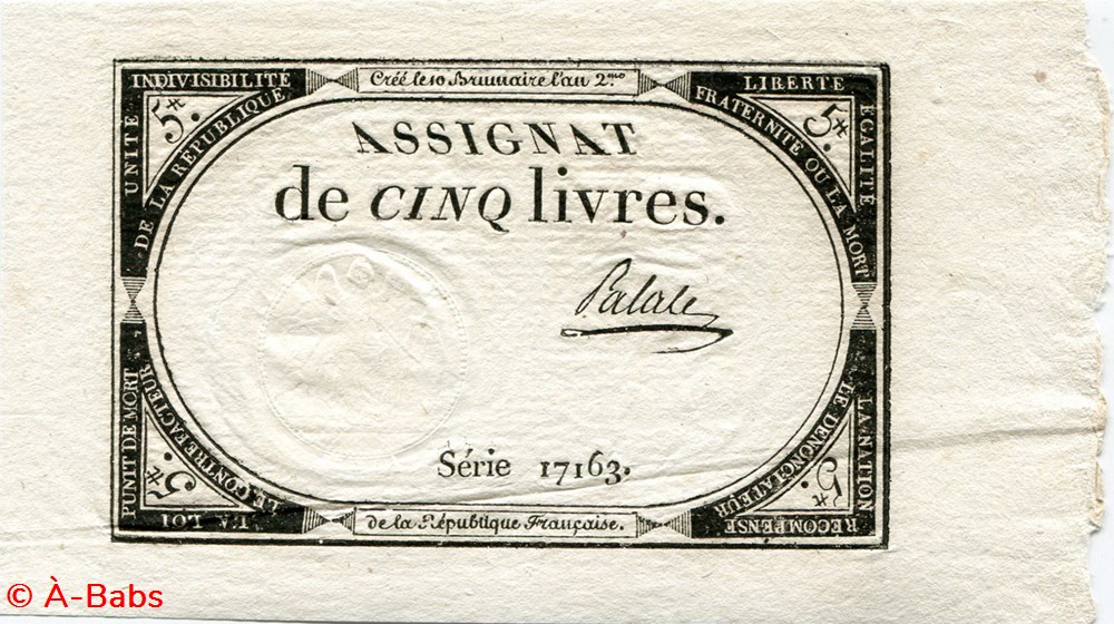 FRANCE - ASSIGNAT DE 5 LIVRES -31/10/1793 - 10 BRUMAIRE DE L'AN II billets europe france assignat de 5 livres 31 10 1793 10 brumaire de an ii