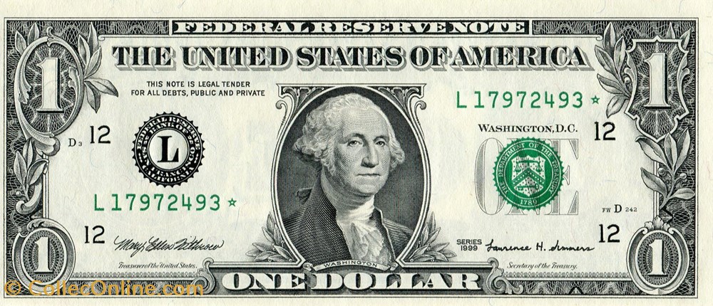 L- 1$ Federal Reserve Notes - Small Size 1999 Series billets amerique du nord etats unis l 1 federal reserve notes small size 1999 series