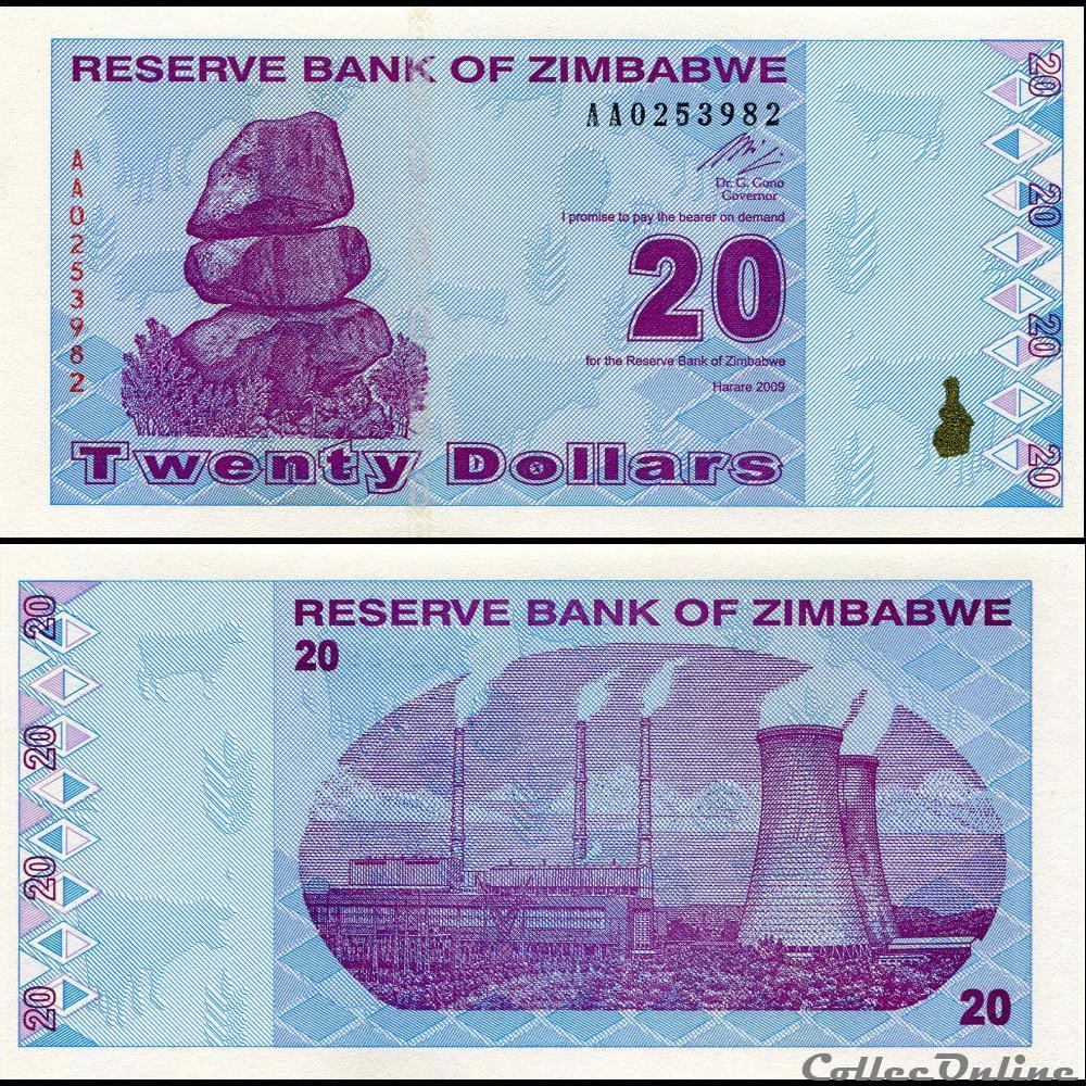ZIMBABWE - PICK 095a - 20 Dollars - 2009 billet afrique zimbabwe pick 095a 20 dollars 2009