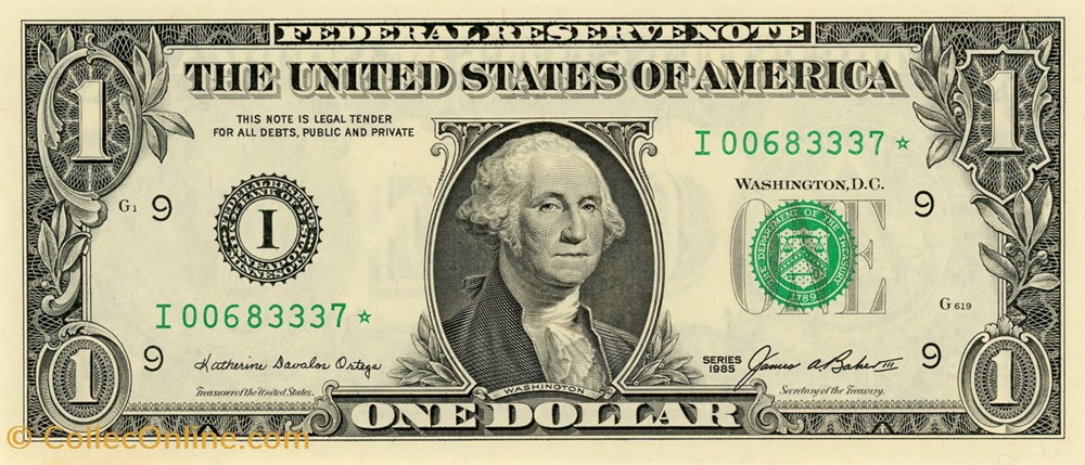 I- 1$ Federal Reserve Notes - Small Size 1985 Series billets amerique du nord etats unis i 1 federal reserve notes small size 1985 series