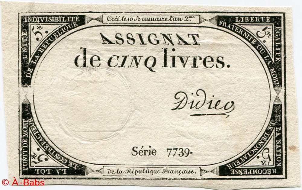 FRANCE - ASSIGNAT DE 5 LIVRES -31/10/1793 - 10 BRUMAIRE DE L'AN II billets europe france assignat de 5 livres 31 10 1793 10 brumaire de an ii