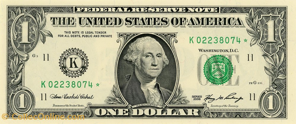 K- 1$ Federal Reserve Notes - Small Size 2006 Series billet amerique du nord etat uni k 1 federal reserve notes small size 2006 series