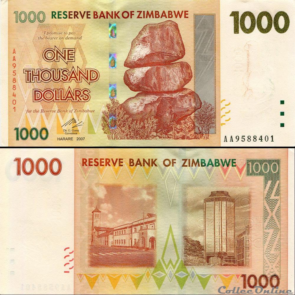 ZIMBABWE - PICK 071a - 1000 Dollars - 2007 billet afrique zimbabwe pick 071a 1000 dollars 2007