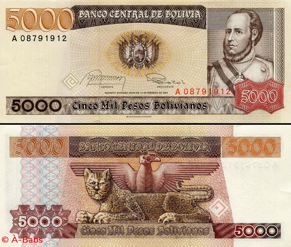 billets amerique du sud bolivie pick 168 a 1 5000 pesos bolivianos 1984